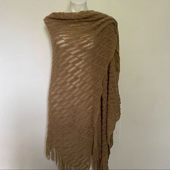 COPY - Textured Neutral Blanket Poncho Fringe Wrap Scarf - Picture 11 of 11